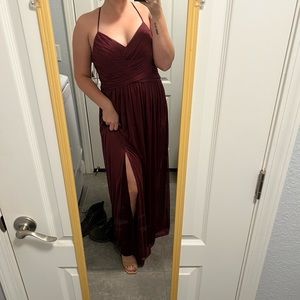 Wine colored David’s bridal long mesh bridesmaid dress, size 10